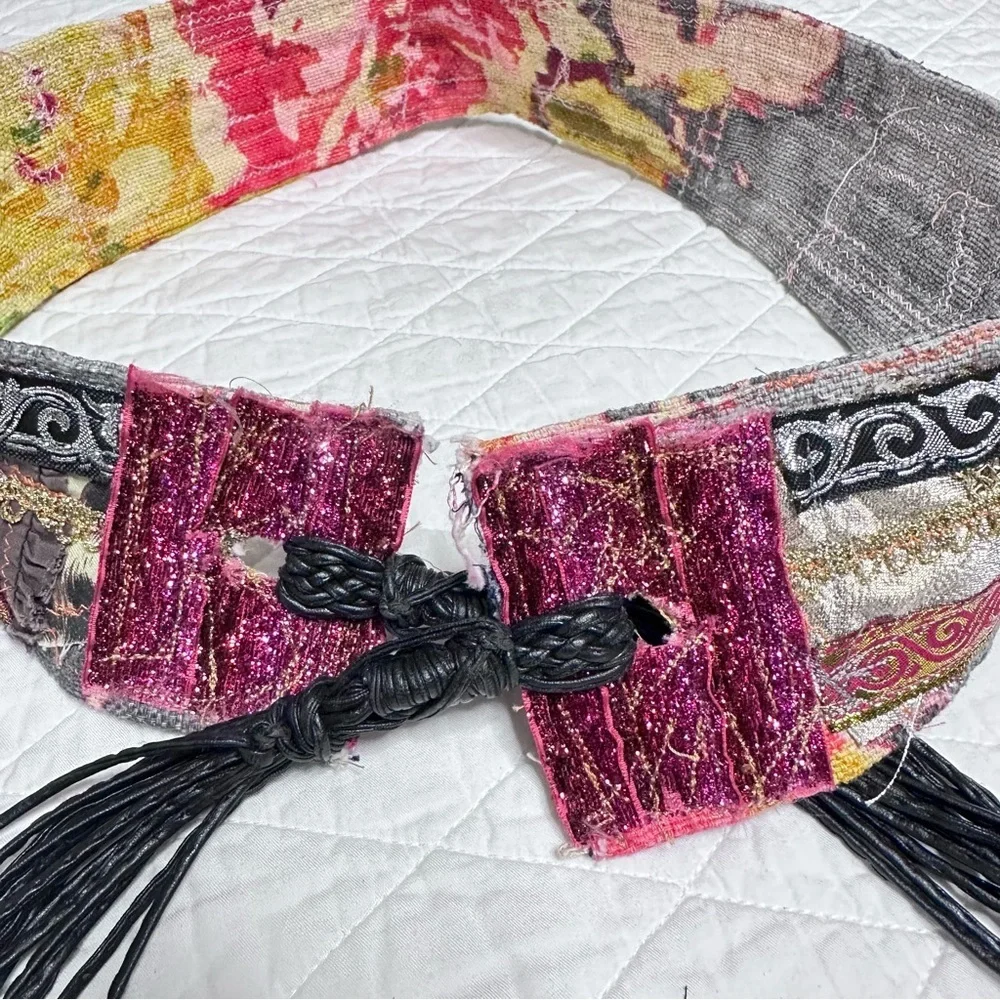 Artisan Floral Tapestry Tie Belt Pink and Black & Gold Accents Handmade Signed